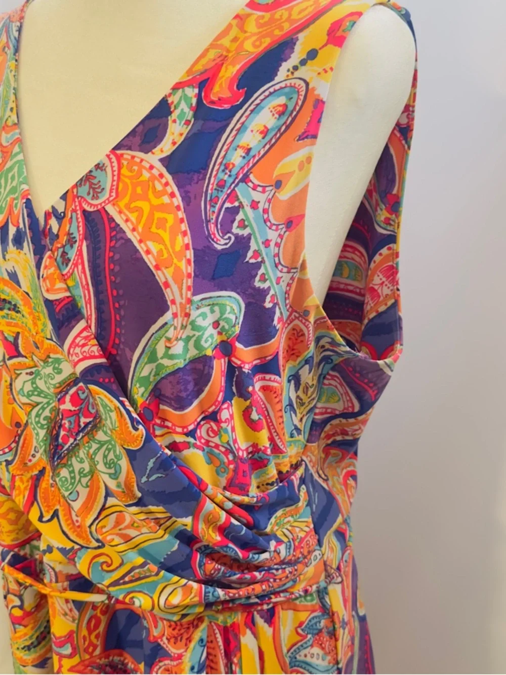 Ralph Lauren Womans Multi Color Stretch Mock Wrap Sundress SZ XL Sleeveless Belt - Picture 2 of 15
